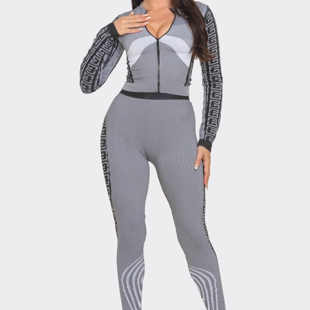 Jacquard Zip Up Jacket Top & Leggings Set